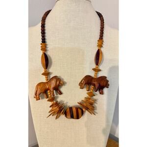 Vintage Carved Wood Lion Necklace Tribal Safari Statement 28”